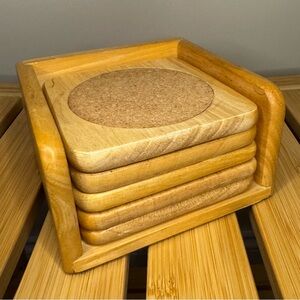 VTG GoodWood Coasters with Holder :Oak and cork Set of 5 MCM Dining